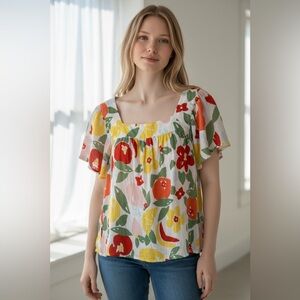 RAILS Harley Fruit Bunch Square Neck Linen Blend Lightweight Blouse Flutter XS